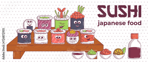 Vintage Japanese food character Sushi. Roll mascot groovy style psychedelic smile. Cartoon design banner seafood for bar, restaurant. Retro vector illustration.