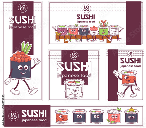 Vintage Japanese food character Sushi. Roll mascot groovy style psychedelic smile. Cartoon design seafood for bar, restaurant. Set posters, banners, flyers, cards. Retro vector illustration.