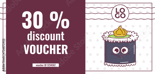 Vintage Japanese food characters Sushi, Roll. Discount voucher. Cartoon design seafood art for bar, restaurant. Retro vector illustration.