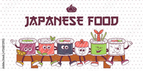 Vintage Japanese food character Sushi. Roll mascot groovy style psychedelic smile. Cartoon design banner seafood for bar, restaurant. Retro vector illustration.