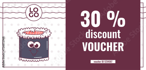 Vintage Japanese food characters Sushi, Roll. Discount voucher. Cartoon design seafood art for bar, restaurant. Retro vector illustration.