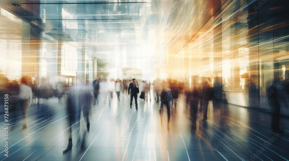 abstract motion blur image of people crowd walking at  in city downtown, 