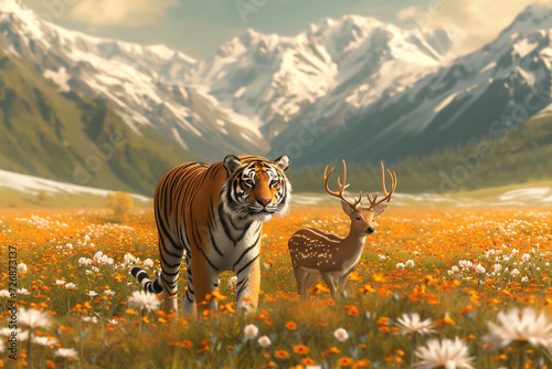 illustration of a walking tiger and deer, a symbol of peace and truce photo
