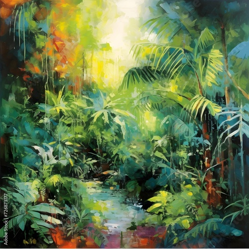 Watercolor painting of tropical forest and pond. Abstract nature background.