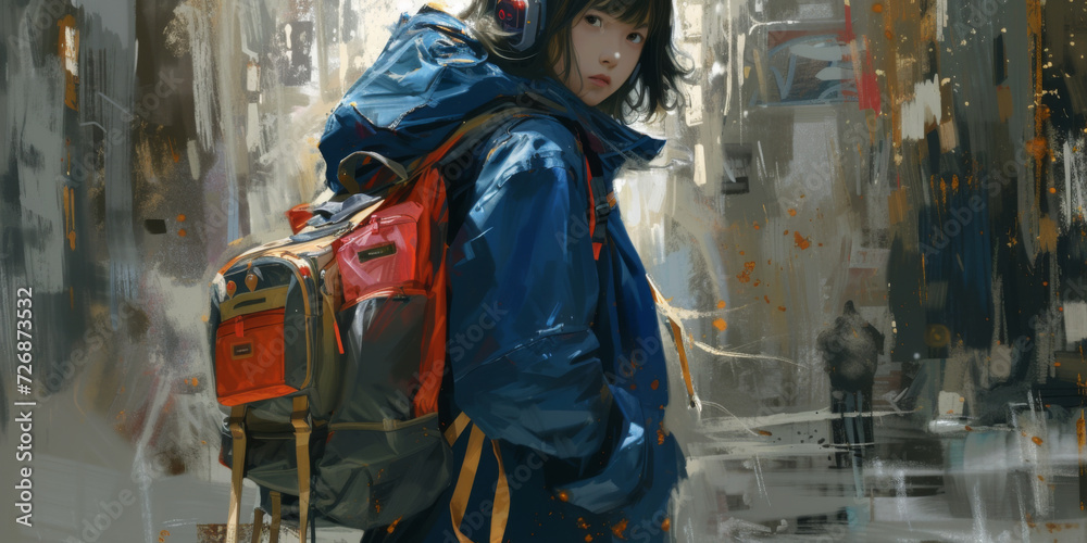 a girl wears a blue coat and is carrying a backpack, generative AI
