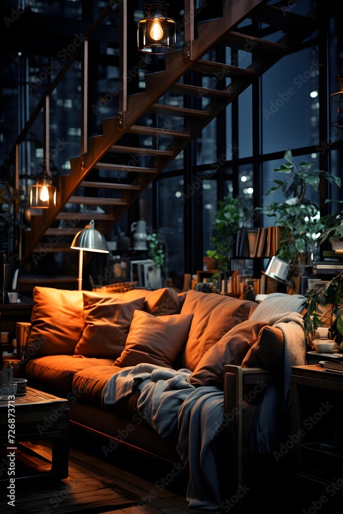Cozy living room in scandinavian style at night.