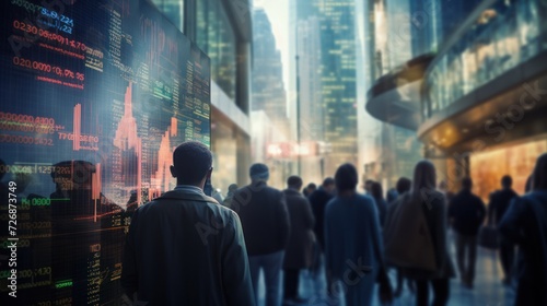 Blurred scene of people in a city looking at a digital stock market display,  © CStock