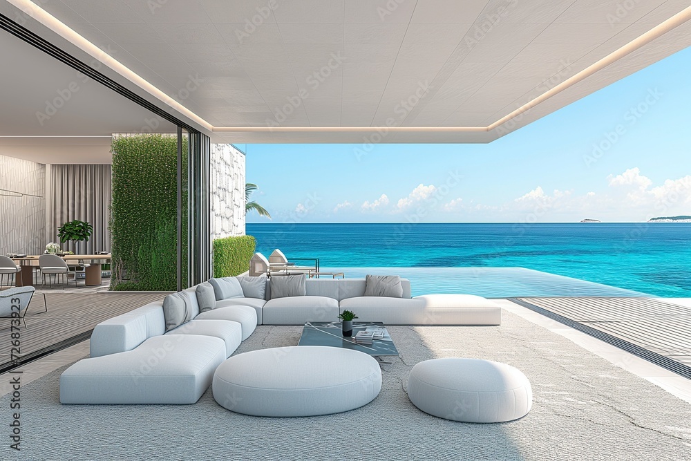 Fototapeta premium Luxurious yacht interior, overlooking a clear blue ocean, embodying sophistication and high-end lifestyle. Generative AI