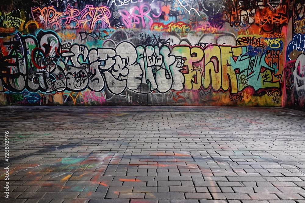 Fototapeta premium Urban street art setting, surrounded by vibrant graffiti and neon signs, reflecting a youthful and energetic vibe. Generative AI