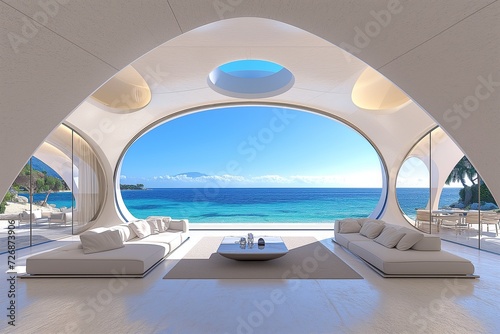 Luxurious yacht interior, overlooking a clear blue ocean, embodying sophistication and high-end lifestyle. Generative AI