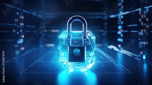 circuit open lock hologram. Business and security concept,polygonal open padlock hologram on blue background 