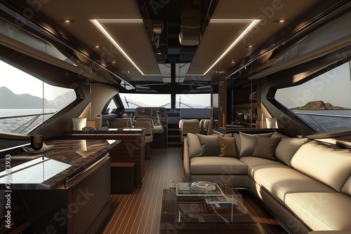 Luxurious yacht interior, overlooking a clear blue ocean, embodying sophistication and high-end lifestyle. Generative AI © MAX AI