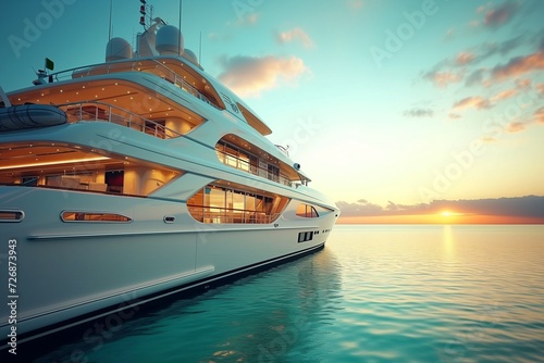 Luxurious yacht interior, overlooking a clear blue ocean, embodying sophistication and high-end lifestyle. Generative AI