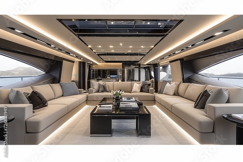 Luxurious yacht interior, overlooking a clear blue ocean, embodying sophistication and high-end lifestyle. Generative AI