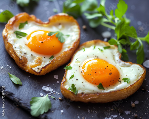 Delicious heart-shaped fried eggs for a romantic breakfast or valentine's day