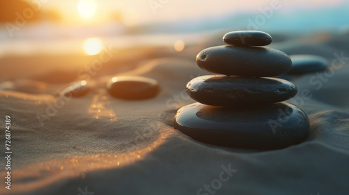 Zen stones with lines in the sand harmony and peace spa background. Therapy concept. 