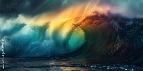 rainbow tsunami with massive rainbow spray in a huge wave, rainbow huge wave