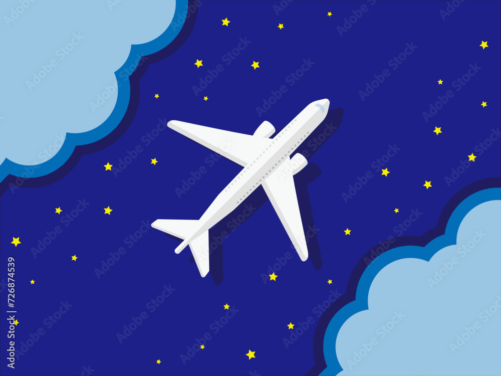 Obraz premium 旅行のイラスト、星が美しい夜空を飛ぶ飛行機。フライト中の旅客機を真上から描いたベクター素材。