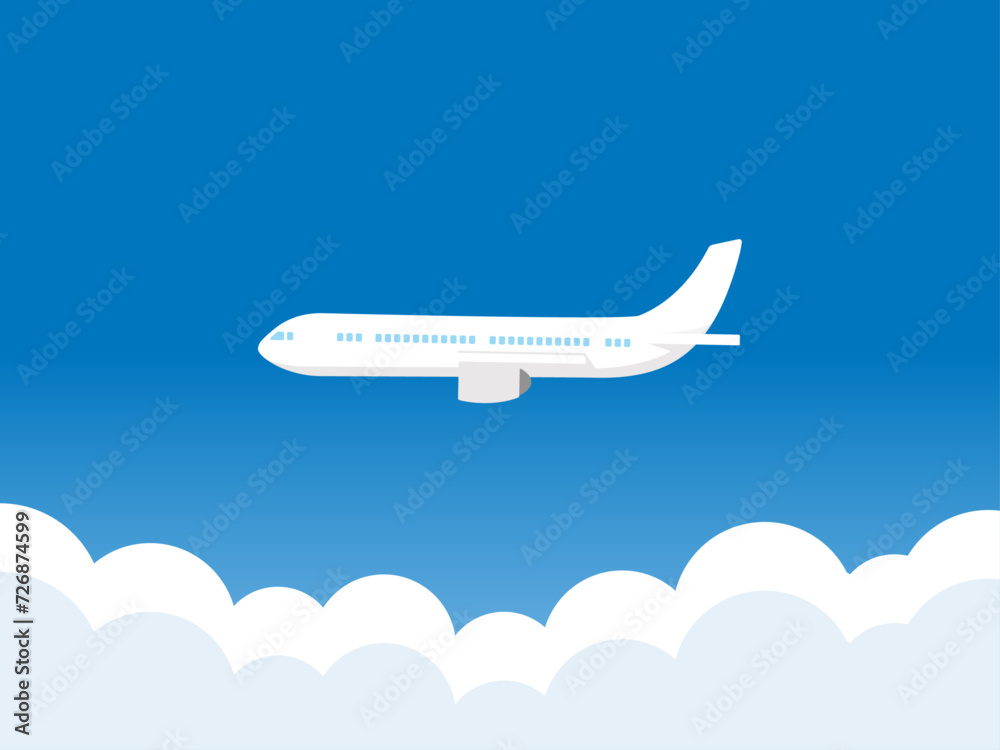 旅行のイラスト、美しい青空の中を飛ぶ飛行機。快晴のフライトを楽しむ旅客機のベクター素材。