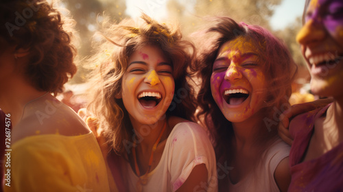 Group of joyful friends sharing laughter at colorful holi festival
