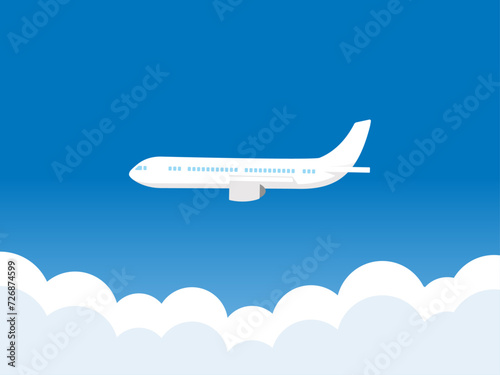 旅行のイラスト、美しい青空の中を飛ぶ飛行機。快晴のフライトを楽しむ旅客機のベクター素材。