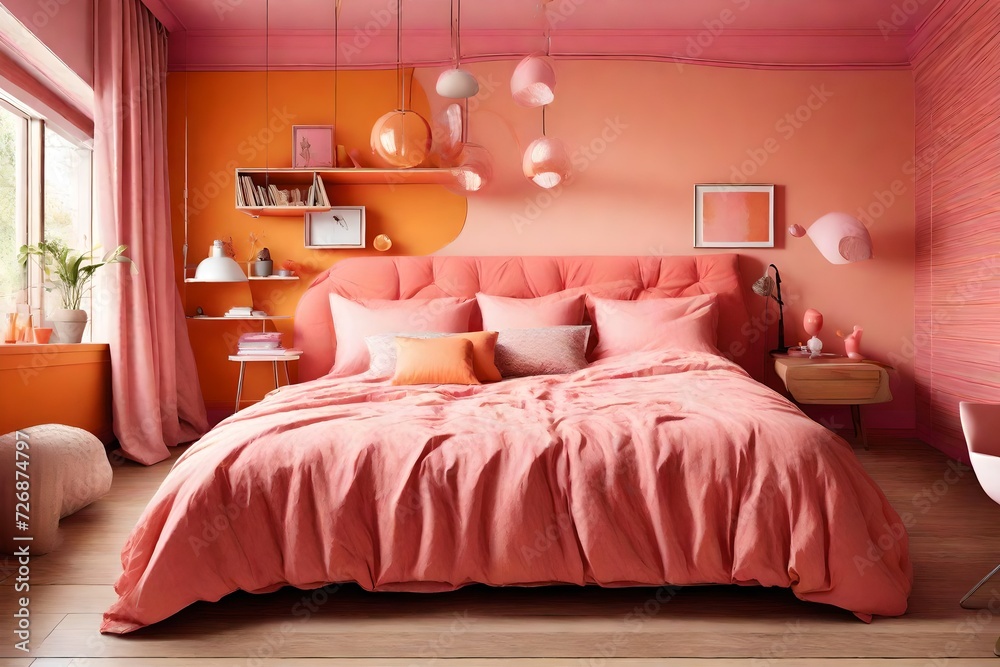 Sweet orange bedroom with pink bed Sweet orange bedroom with pink bed