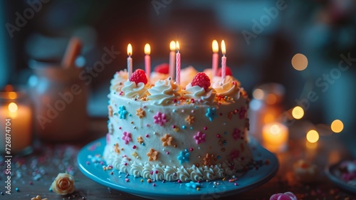 birthday cake  with lit celebration candles  blurred background