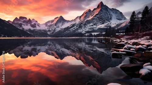 Sunset over the lake in Banff National Park, Alberta, Canada