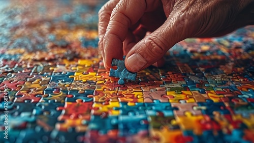elderly man with hobby of solving puzzles, putting together his puzzle in his free time
