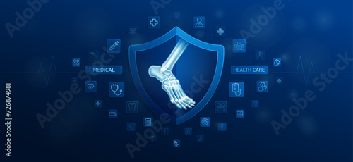 Medical health care. Ankle joint bone inside shield and medical equipment tools. Doctor icon, symbol cross, stethoscope syringe and drug. Protect treat human organ healthy. Ads banner vector. photo