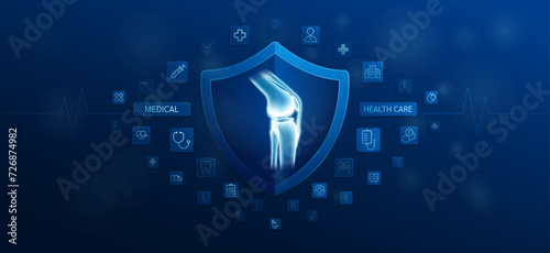 Medical health care. Knee joint bone inside shield and medical equipment tools. Doctor icon, symbol cross, stethoscope syringe and drug. Protect treat human organ healthy. Ads banner vector.