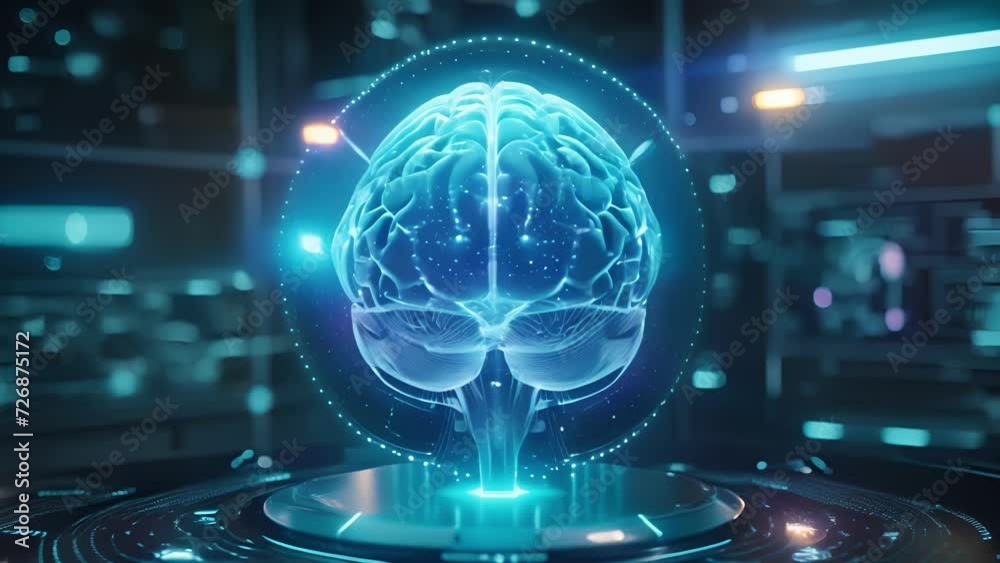 A 3D hologram of a functioning brain undergoing an MRI to illustrate ...