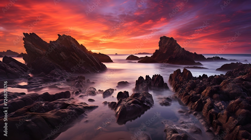 Long exposure panorama of rock formations on the beach at sunset.