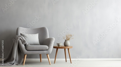 interior of living grey fabric armchair, wooden table on wooden floor 