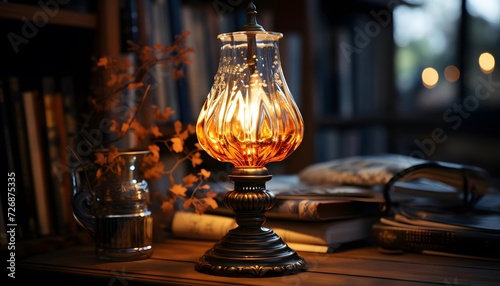 Aroma oil lamp on a wooden table in a dark room.