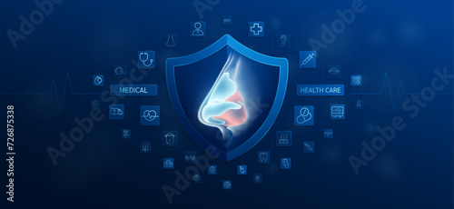 Medical health care. Nose inside shield and medical equipment tools. Doctor icon, stethoscope syringe drug and symbol cross. Protect treat human organ healthy. Ads banner vector.