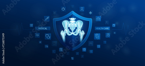Medical health care. Pelvis bone inside shield and medical equipment tools. Doctor icon, symbol cross, stethoscope syringe and drug. Protect treat human organ healthy. Ads banner vector.