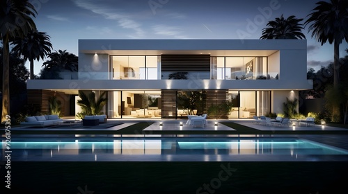 3d rendering of modern cozy house with pool and parking for sale or rent © A