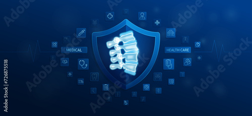 Medical health care. Spine bone inside shield and medical equipment tools. Doctor icon, symbol cross, stethoscope syringe and drug. Protect treat human organ healthy. Ads banner vector.