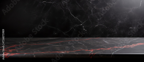 Empty Black Marble Tabletop Countertop on Black wall Background   stone table   Mock Up   Display Product  Montage Product   abstract background  White and red lines