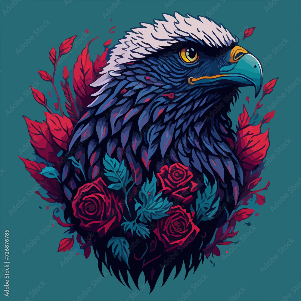 Obraz premium In the realm of nature's beauty, a fierce eagle graces the sky, mirrored by the red roses on the ground.