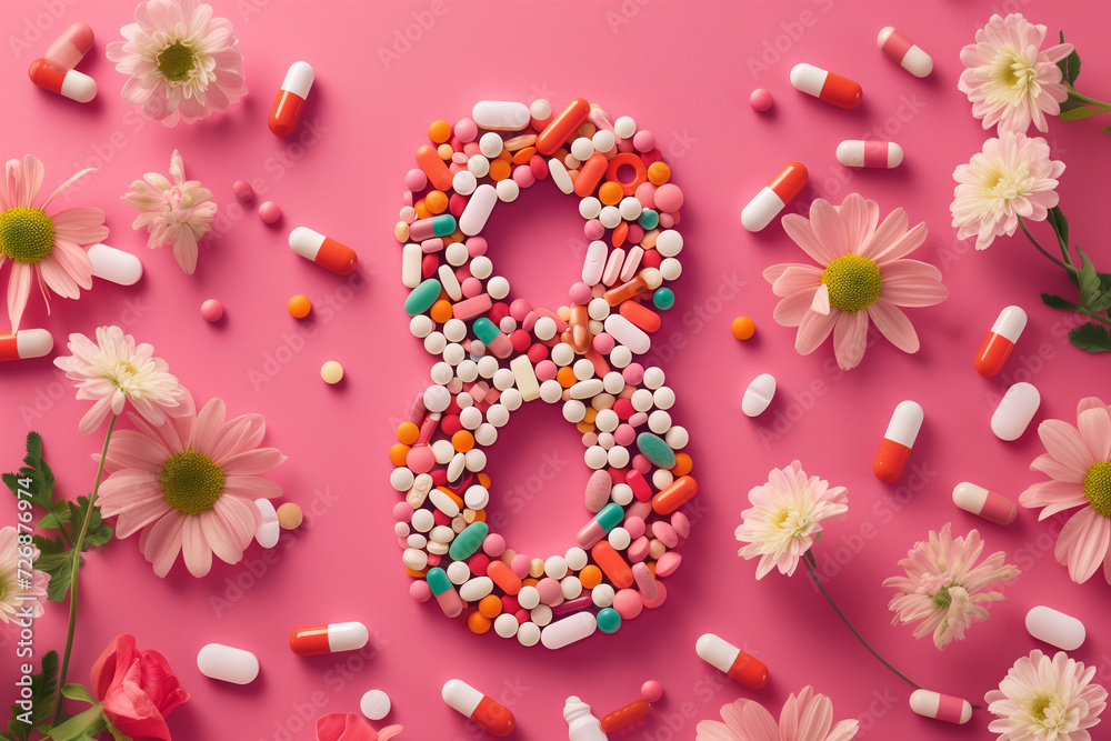 Number eight formed by assorted pills to celebrate international womens day
