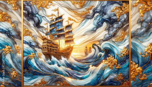an alcohol ink painting on translucent silk, featuring a grand junk ship adorned with gold and silver, set against a swirling sky and waves in a stunning Greco-Roman style photo