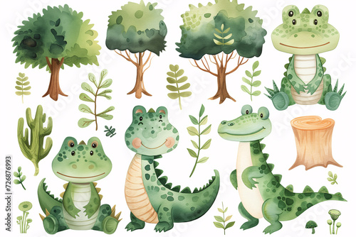 Watercolor crocodile. A delightful set of watercolor crocodiles depicted with a gentle, whimsical touch, alongside stylized trees and greenery.