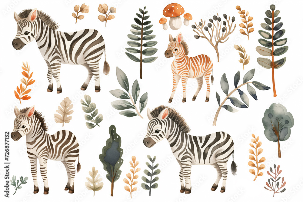 Obraz premium Watercolor zebra. Charming collection of watercolor zebras, paired with delicate foliage and trees, ideal for nursery wall art or educational materials.