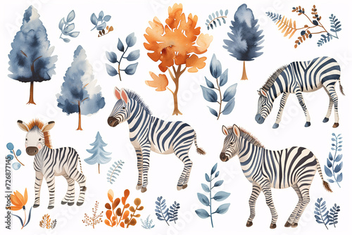 Watercolor zebra. Charming collection of watercolor zebras  paired with delicate foliage and trees  ideal for nursery wall art or educational materials.