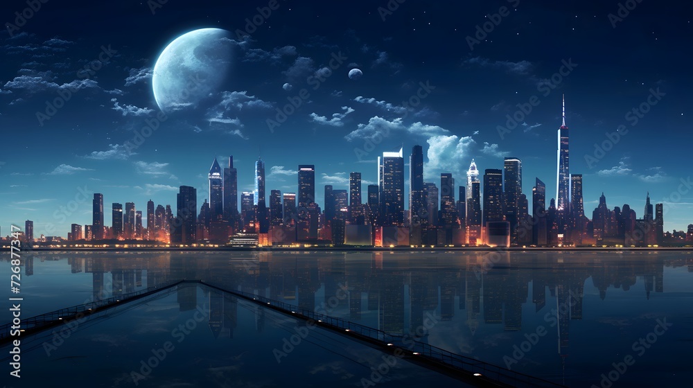 Panoramic view of New York City skyline at night with moon.