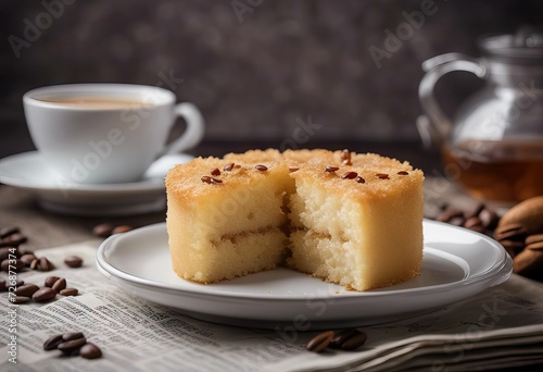 newspaper it Gray sugar Arabic syrup piece Basbosa background cake cups top oriental sweet coffee called coconut semolina