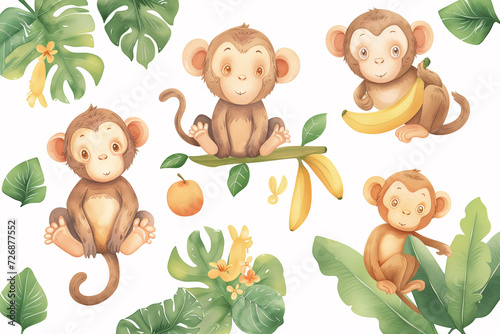 Watercolor monkey. This captivating watercolor set features playful monkeys in various poses with tropical fruits and lush foliage, evoking a joyful jungle theme.
