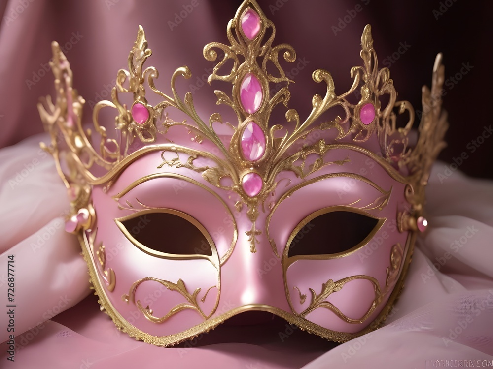 Elegant Golden Masquerade Mask with Pink Gems on Luxurious Fabric